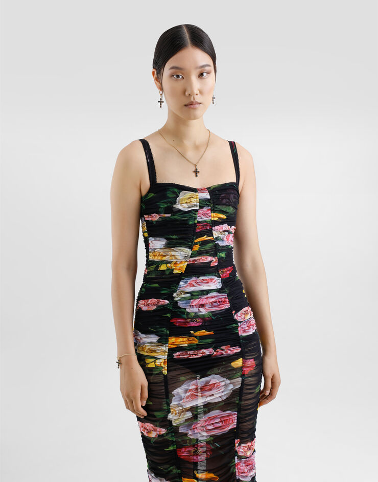 Dolce & Gabbana Tulle calf-length slip dress with draping and peony and rose print Print F6FAKTFSUBI