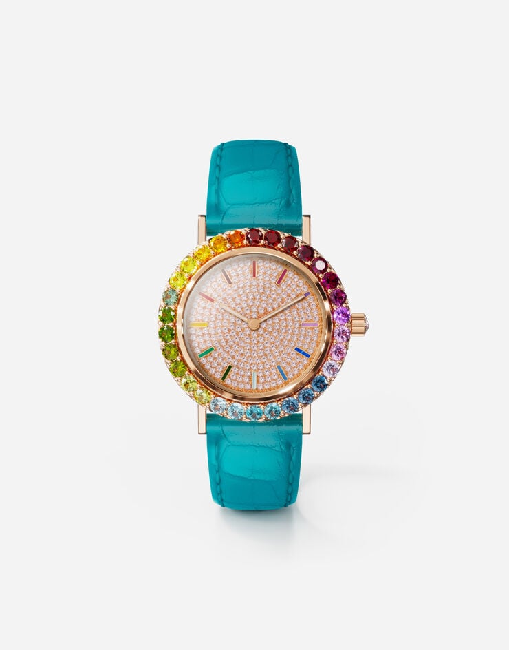 Dolce & Gabbana Montre Iris en or rose avec pierres multicolores et diamants Turquoise WWLB2GXA0XA