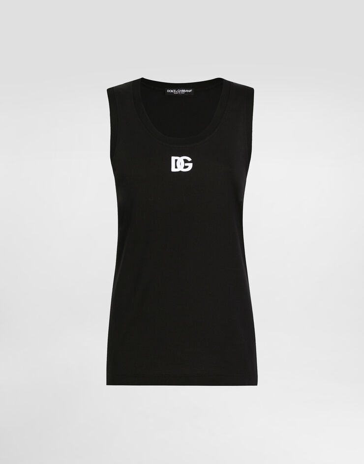Dolce & Gabbana Oversize-Tanktop aus Jersey mit DG-Logostickerei Schwarz F8M64ZGDCYD