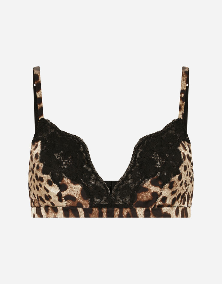 Leopard-print soft-cup satin bra with lace detailing in Multicolor for
