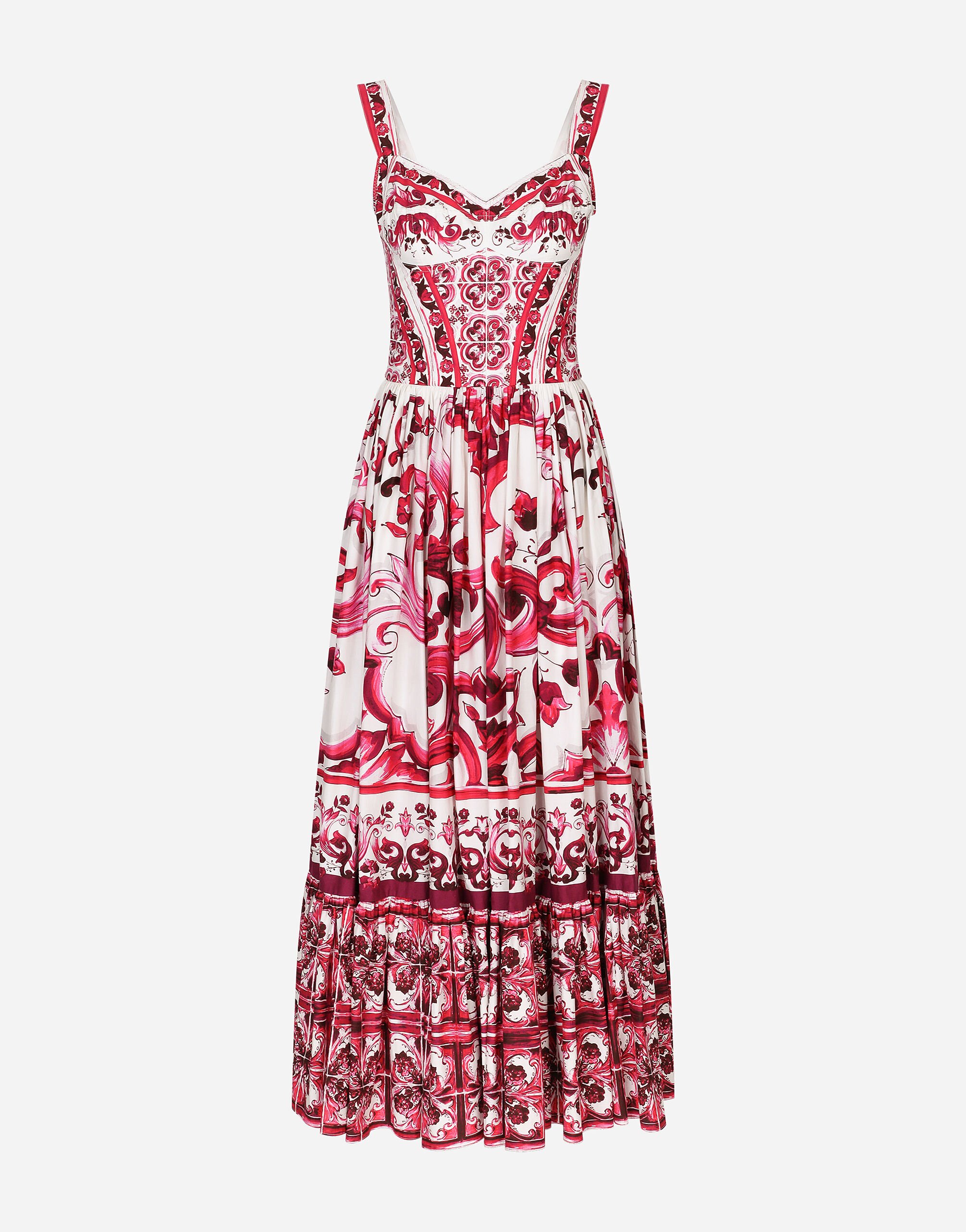 Dolce & Gabbana 마욜리카 프린트 포플린 뷔스티에 미드카프 드레스 푸시아 핑크 BB6003A1001