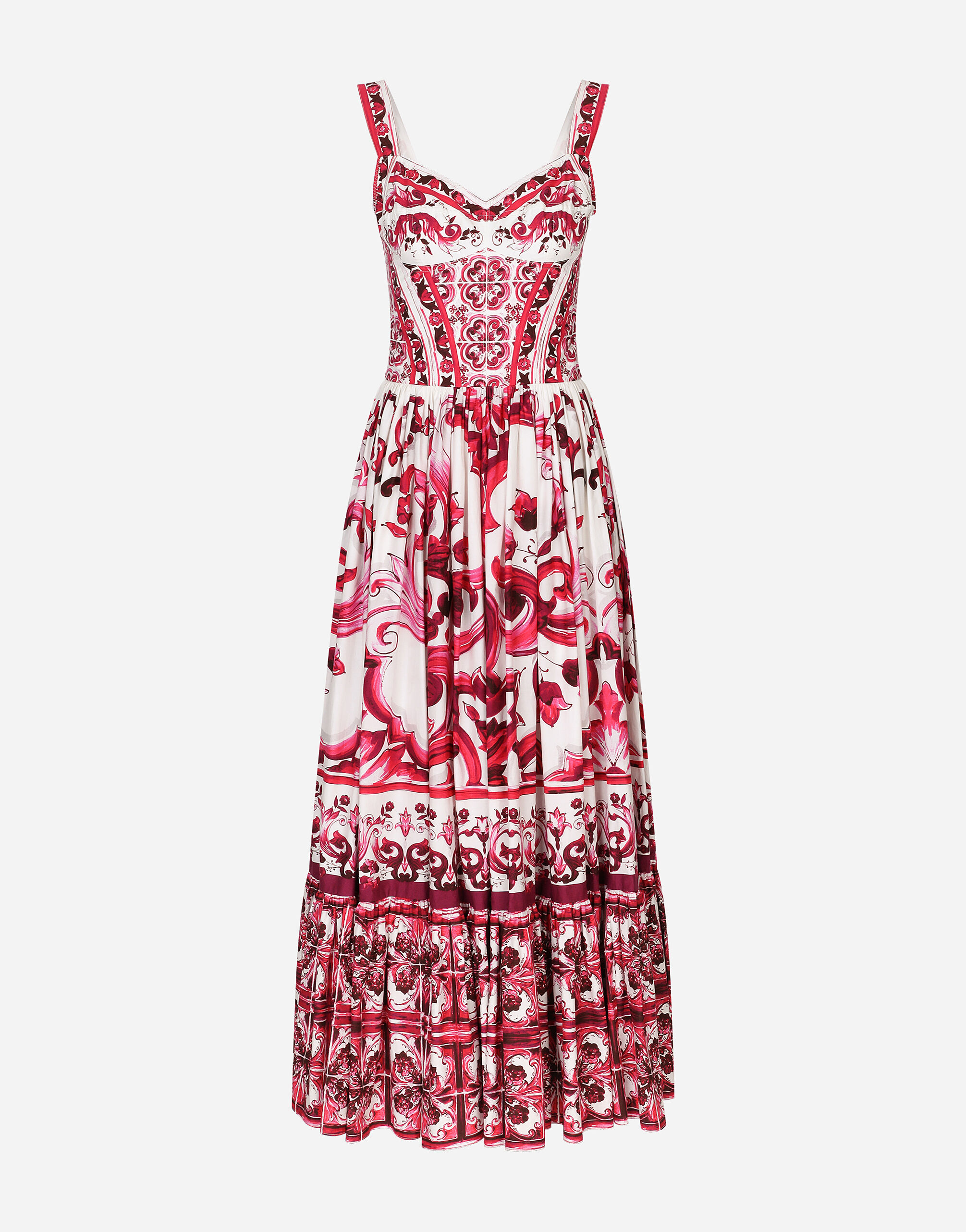 Dolce & Gabbana Calf-length bustier dress in Majolica-print poplin Fuchsia BB6003A1001