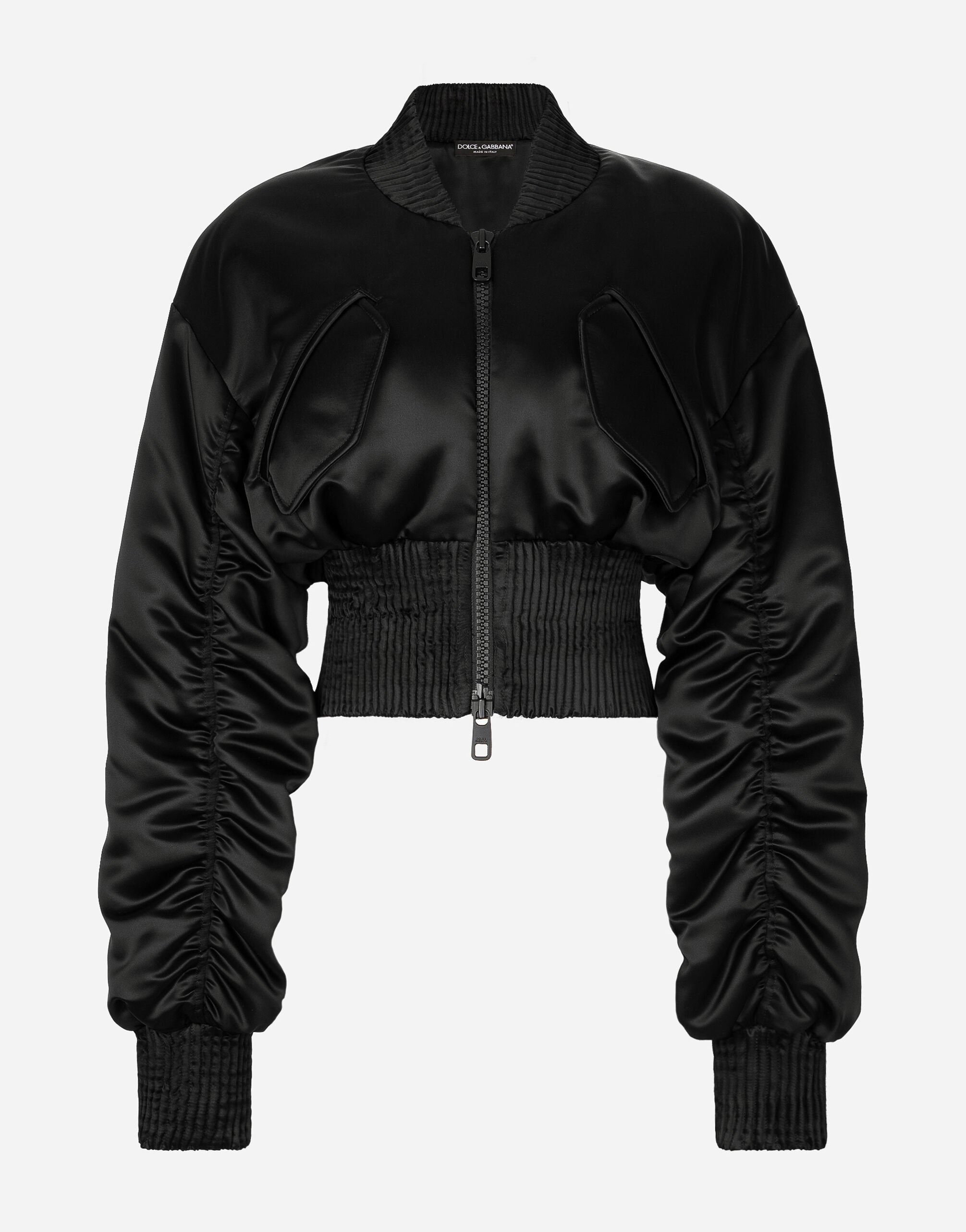 Dolce & Gabbana Short duchesse bomber jacket with draped sleeves Black F0D1OTFUMG9