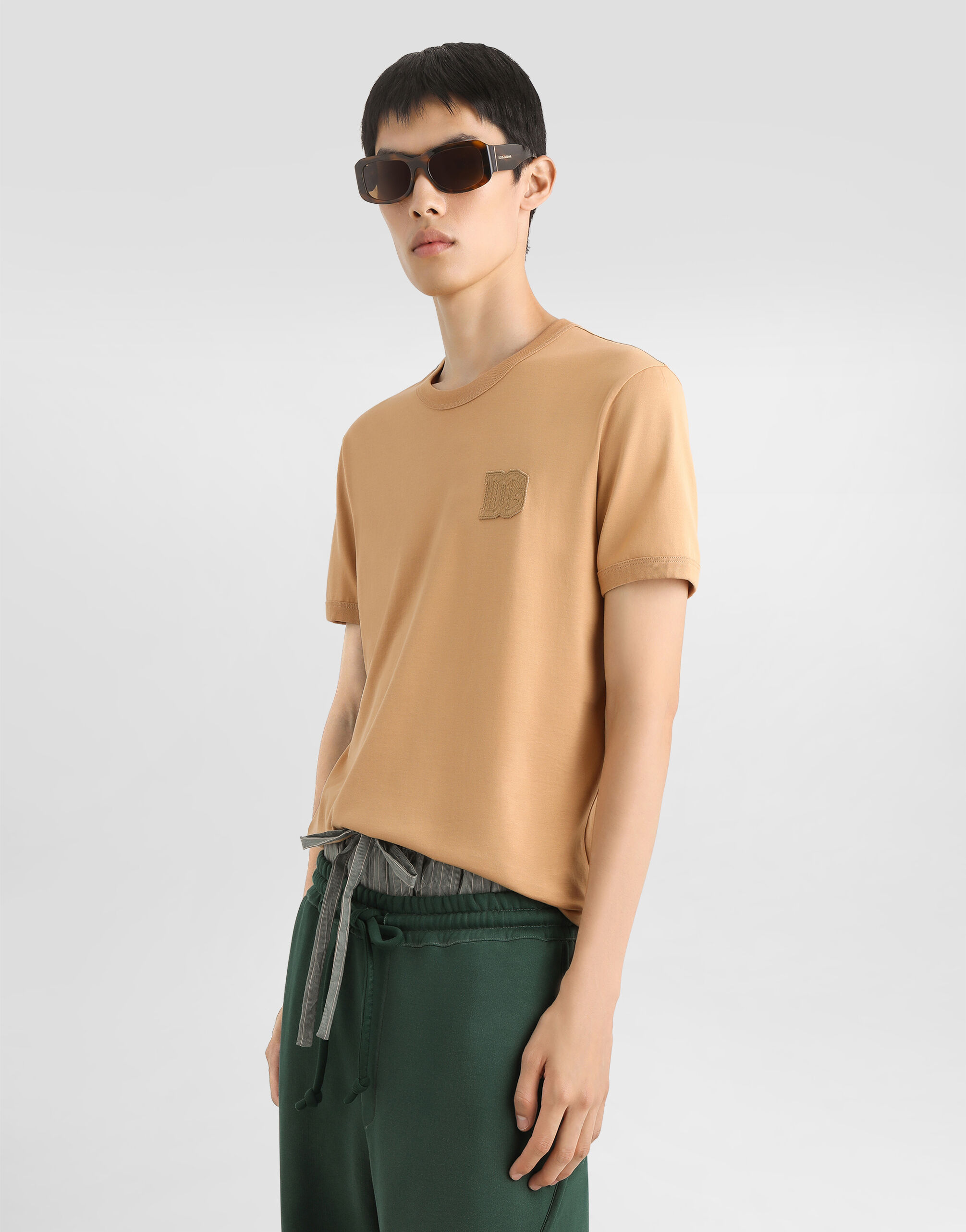 Cotton t-shirt with patch in Beige for Men | Dolce&Gabbana®