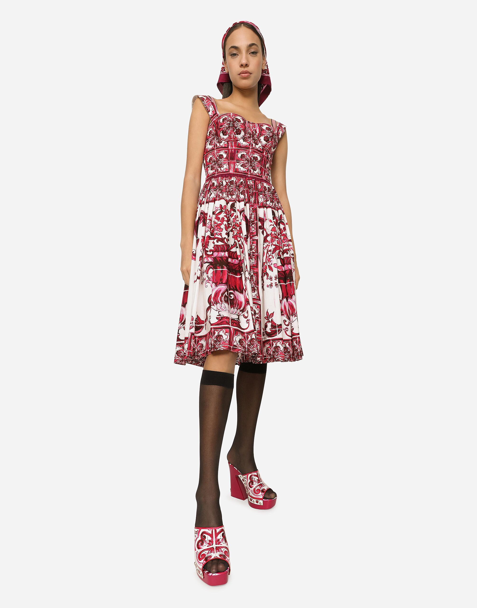 Bustier midi dress in Majolica-print poplin in Multicolor