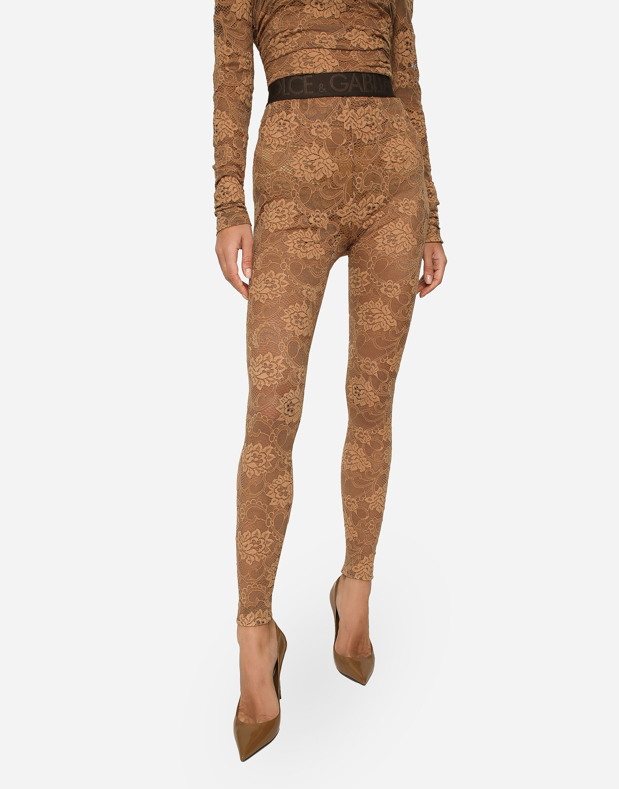 Lace leggings with branded elastic in Beige for Women Dolce Gabbana US