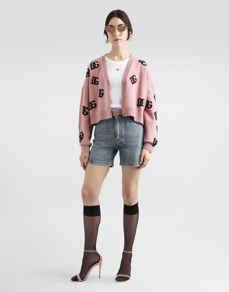 Dolce & Gabbana Cropped wool cardigan with DG logo inlay Pink FXV52TJCVZL