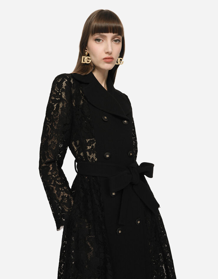 Dolce & Gabbana Manteau en dentelle cordonnet et crêpe avec ceinture Noir F0B5ATHLMTB