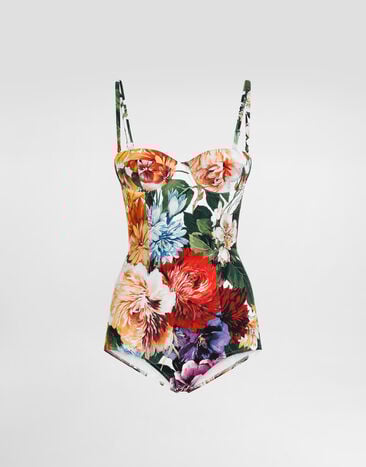 Dolce & Gabbana Einteiliger gepolsterter Balconette-Badeanzug mit Blumenprint Drucken O9A13JFSGFF