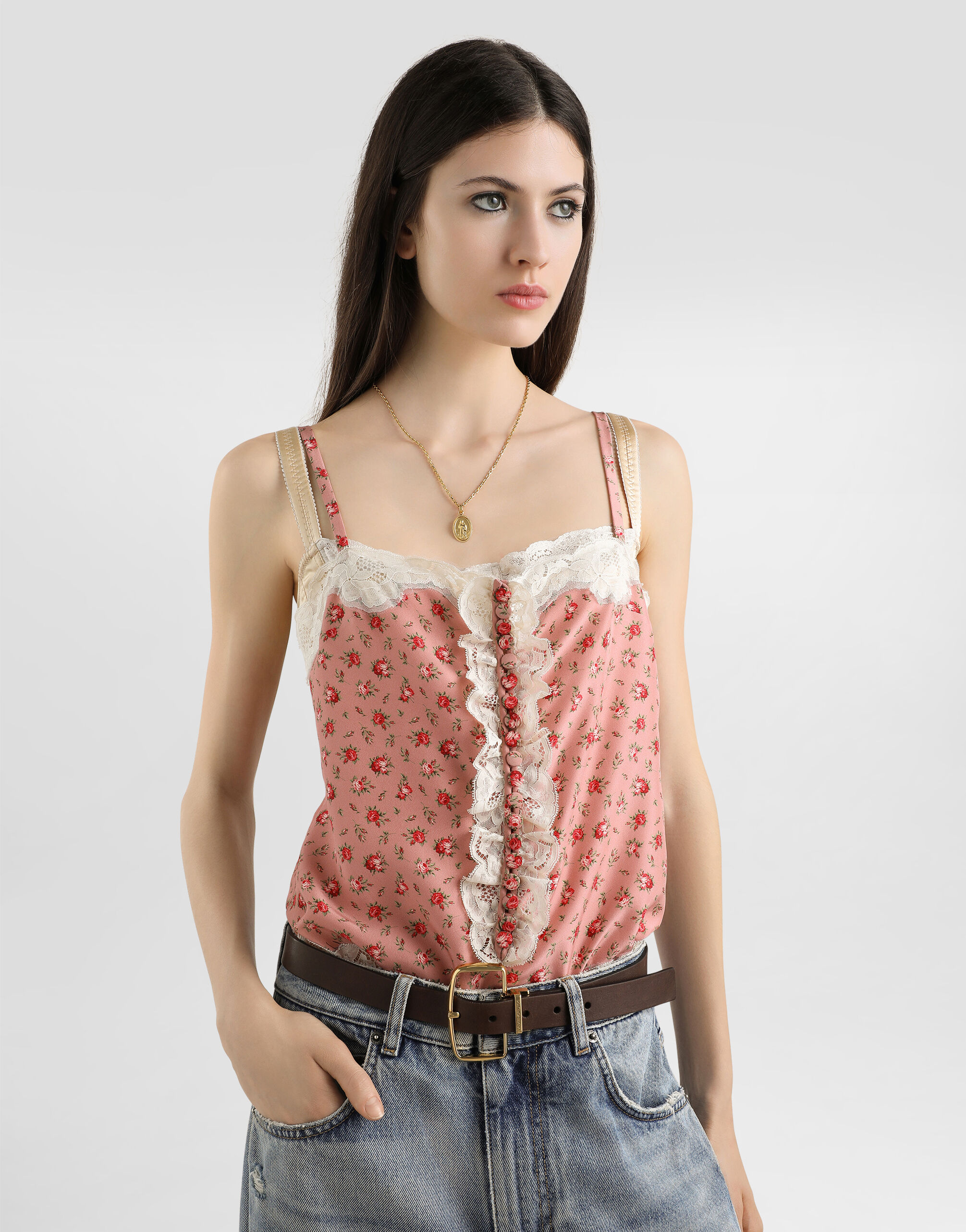Small rose-print silk top in Multicolor for Women | Dolce&Gabbana®