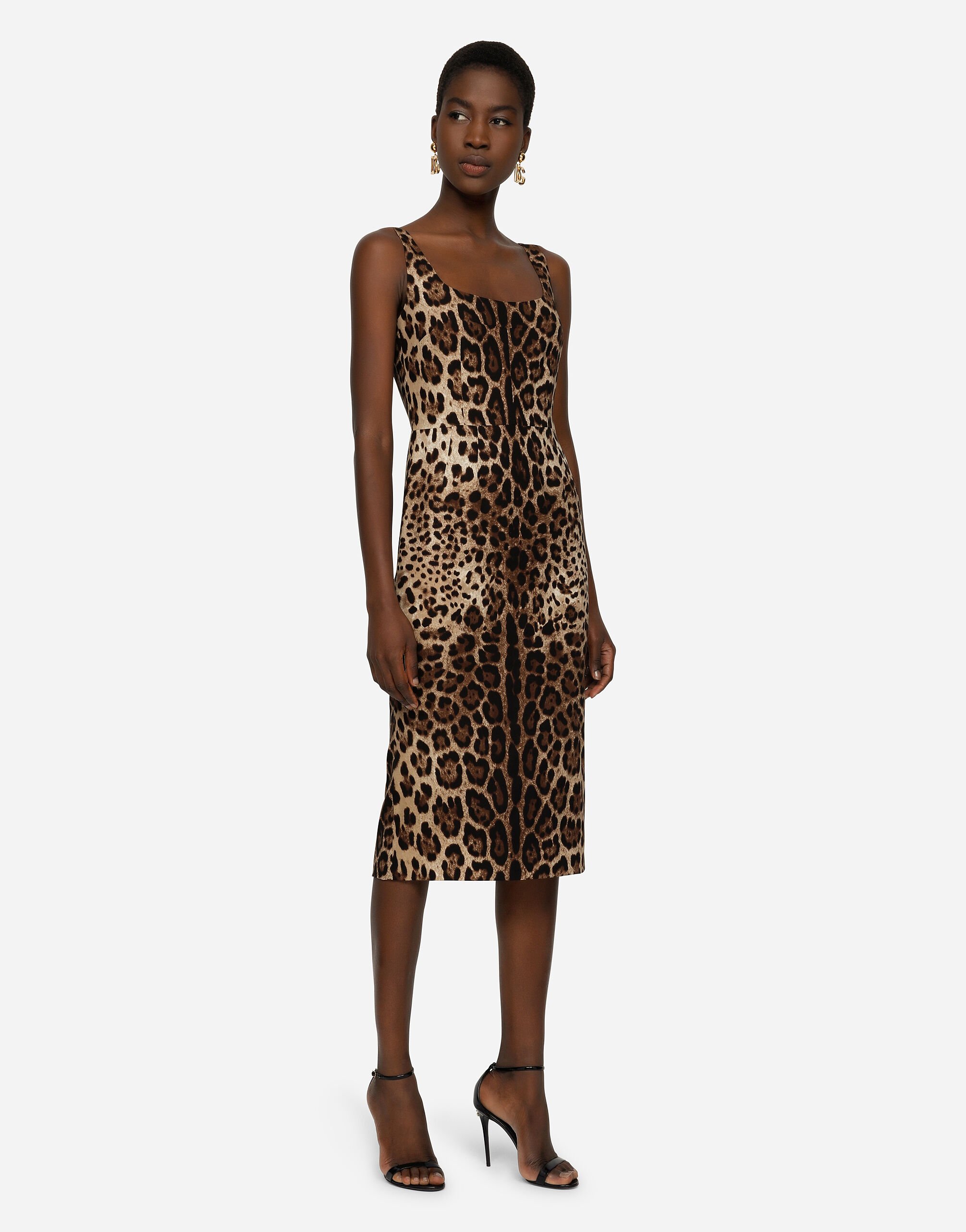 Charmeuse calf length dress with leopard print in Animal Print for