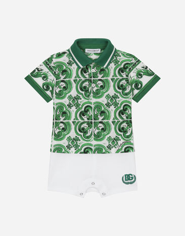 Dolce & Gabbana Piqué onesie with green majolica print and DG logo White L1JOAAG7N9U