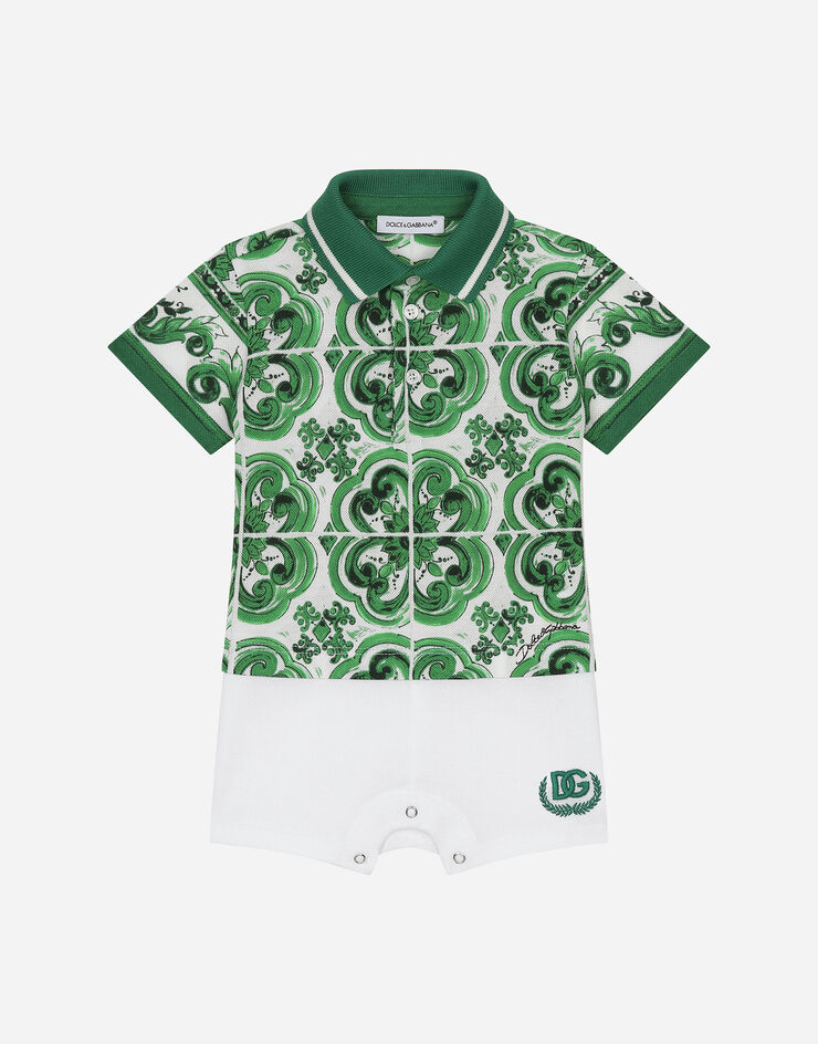 Dolce & Gabbana Tutina in piquet con stampa maiolica verde e logo DG Stampa L1JO7AG7NVD