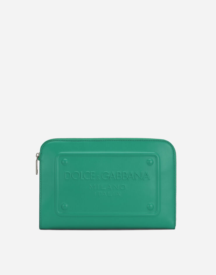 Dolce & Gabbana Pouch piccola in pelle di vitello con logo in rilievo Verde BM1751AG218