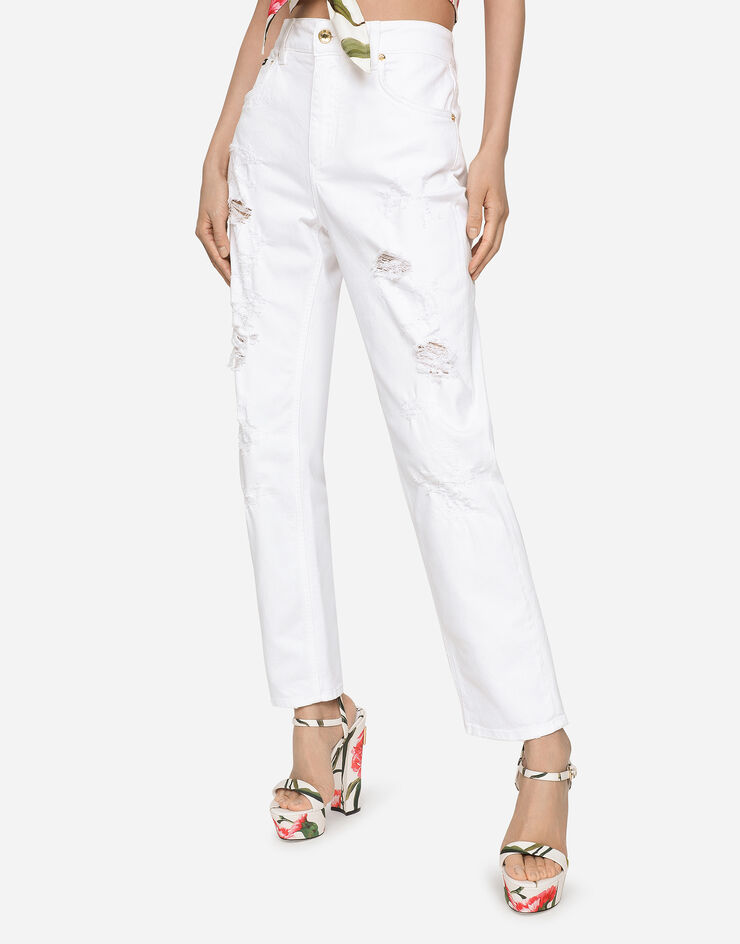 Dolce & Gabbana White denim boyfriend jeans with rips Multicolor FTAIADG8EY8