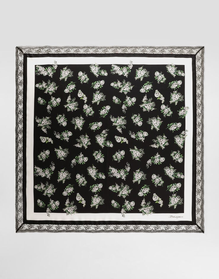 Dolce & Gabbana 90x90 small flower bouquet-print silk twill scarf with lace insert Multicolor FN118RGDDUI