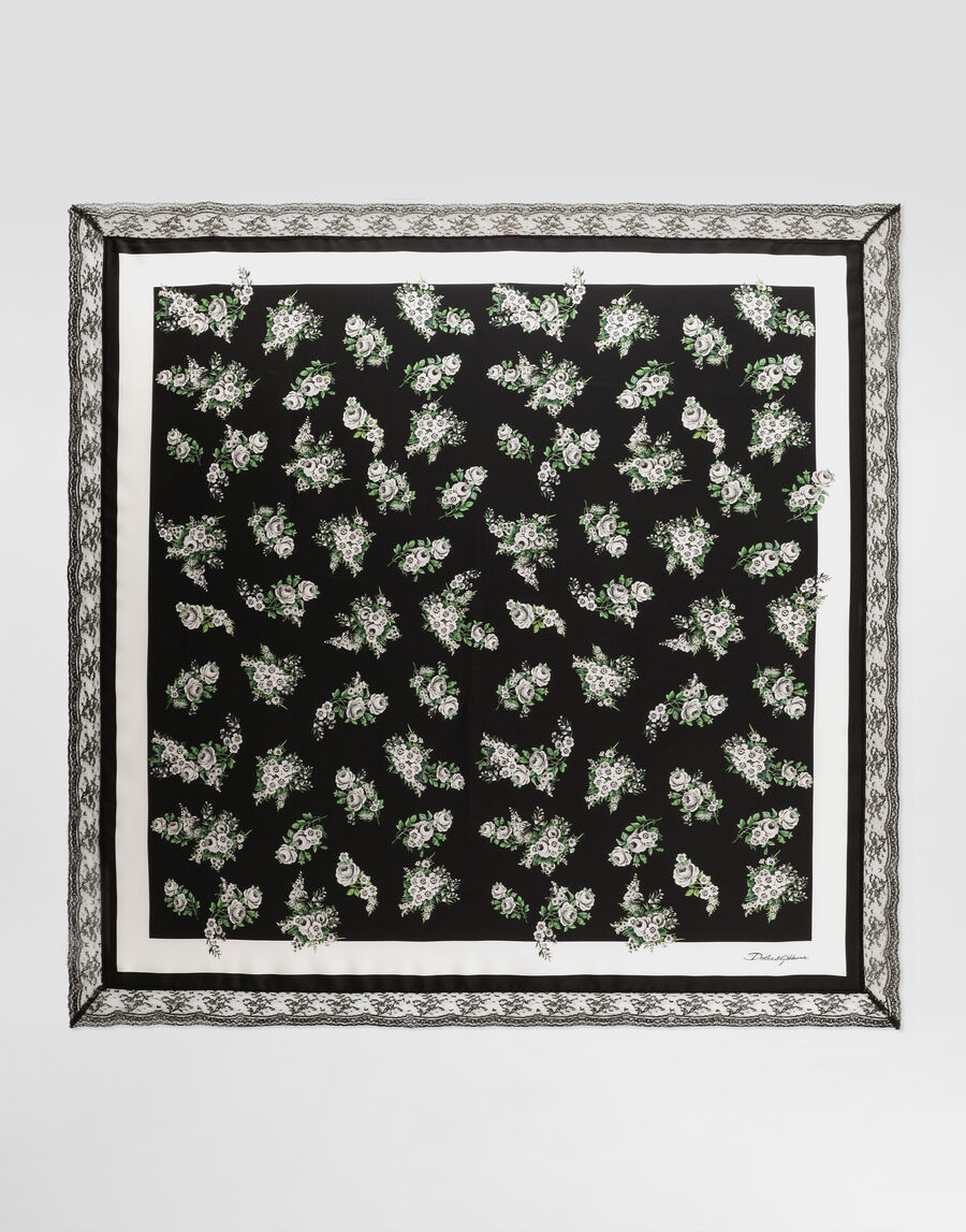 90x90 small flower bouquet-print silk twill scarf with lace insert
