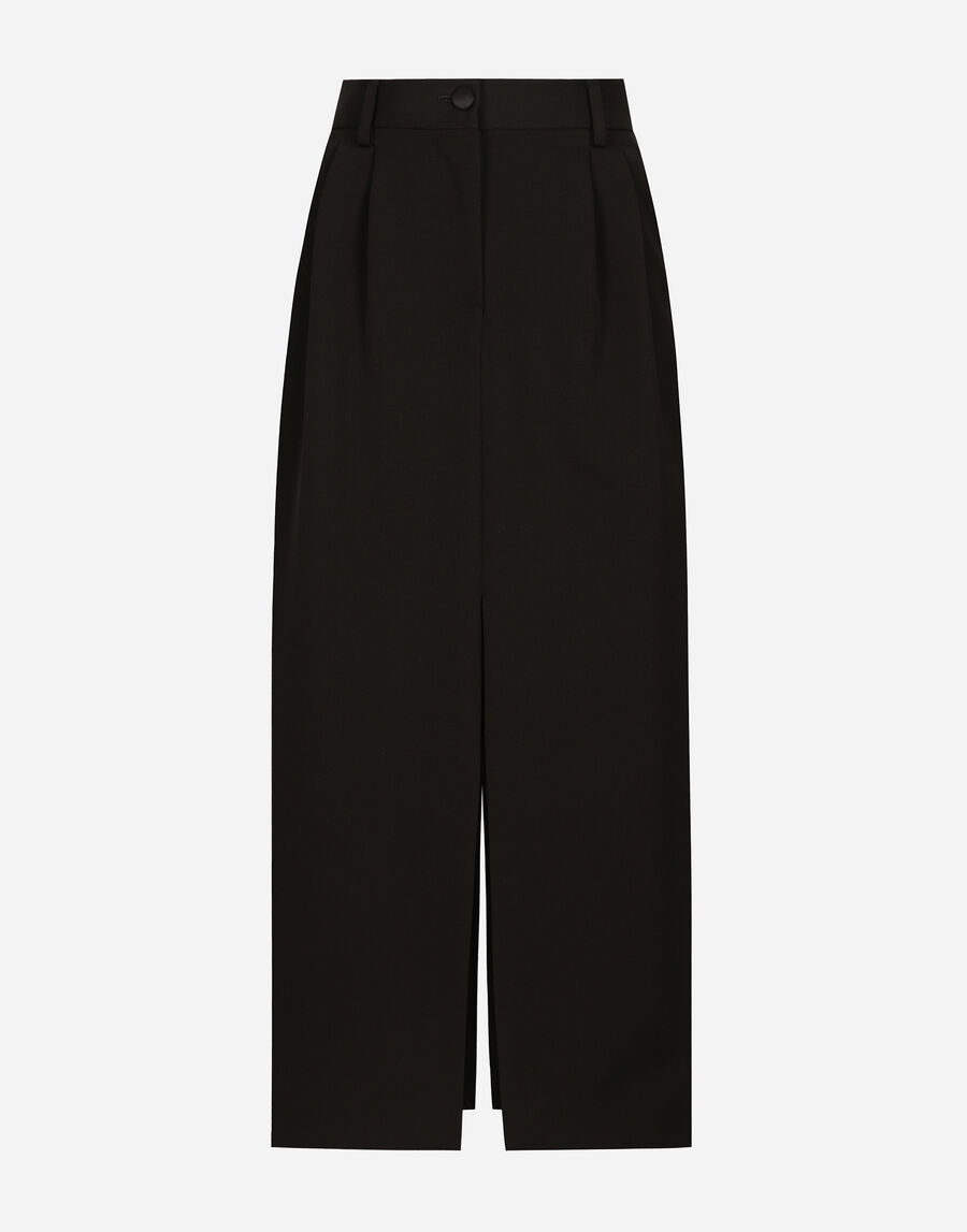 Wool gabardine calf-length tuxedo pencil skirt