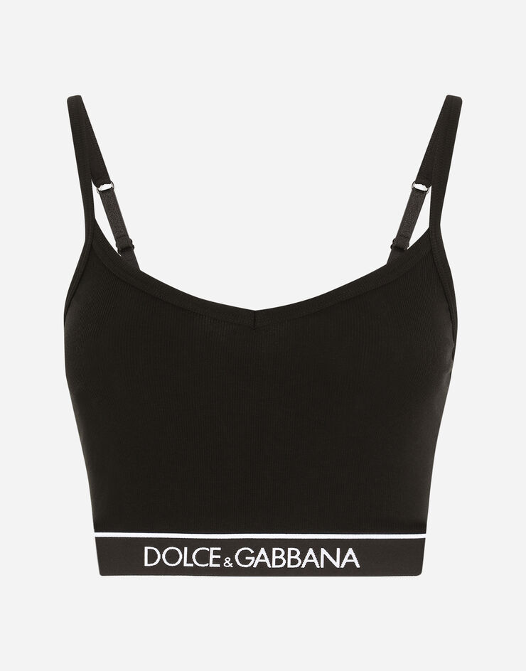 Dolce & Gabbana Top in jersey a costina con spalline ed elastico logato Nero O7B85TFUGF5