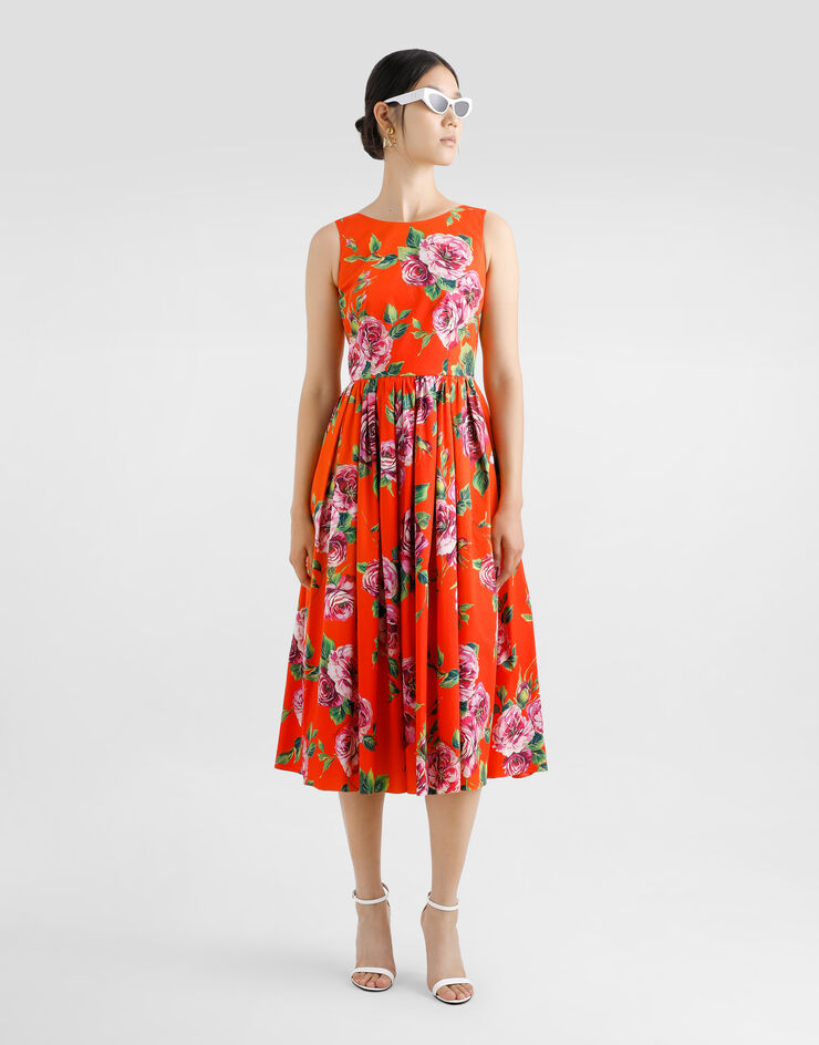 Dolce & Gabbana Vestido babydoll longuette de algodón con estampado de rosas Imprima F6JHVTHS5TI