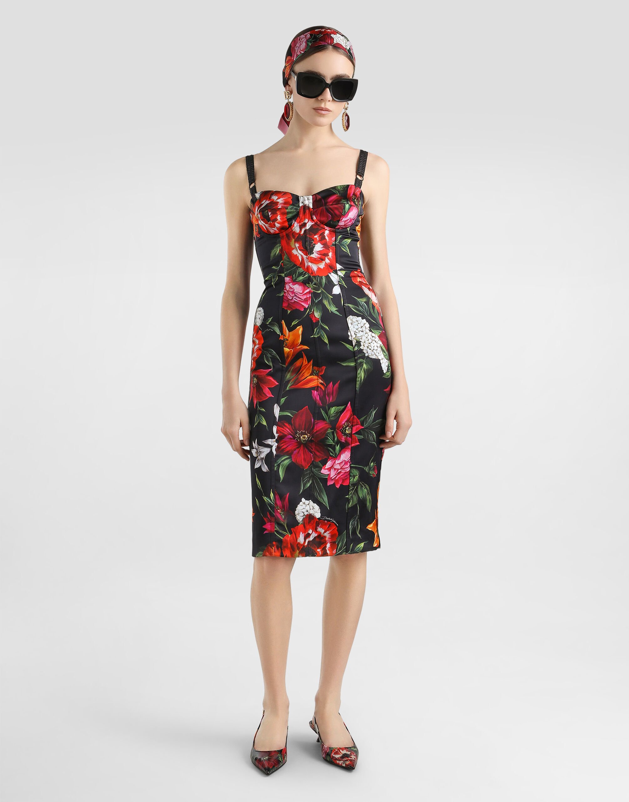 Flower-print satin dress in Print for Women | Dolce&Gabbana® US