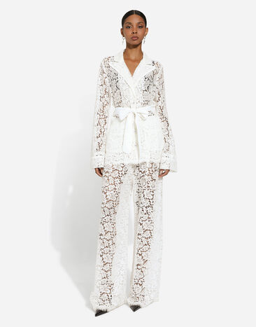 Dolce & Gabbana قميص بيجامة من دانتيل كوردونيتو برسمة زهور أبيض F5R56TFLM55
