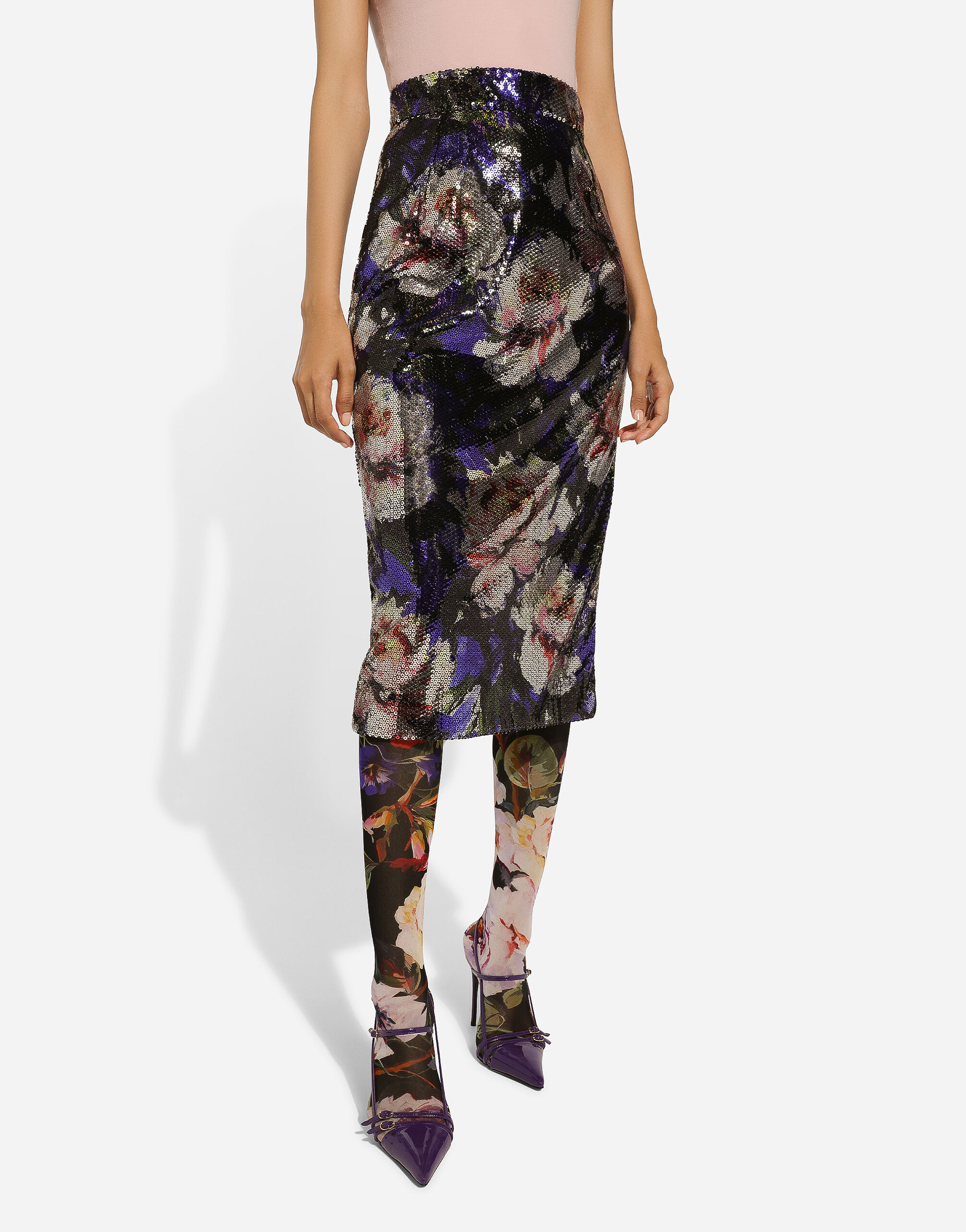 Sequined midi skirt with peony print in Print for Women Dolce Gabbana US