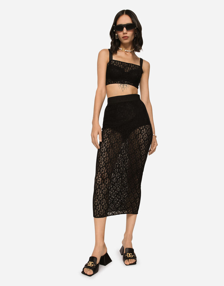 Dolce & Gabbana Tulle calf-length skirt with all-over DG logo Black F4CHZTFLEAQ