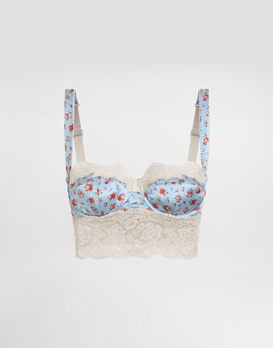 Small rose-print satin and lace balconette