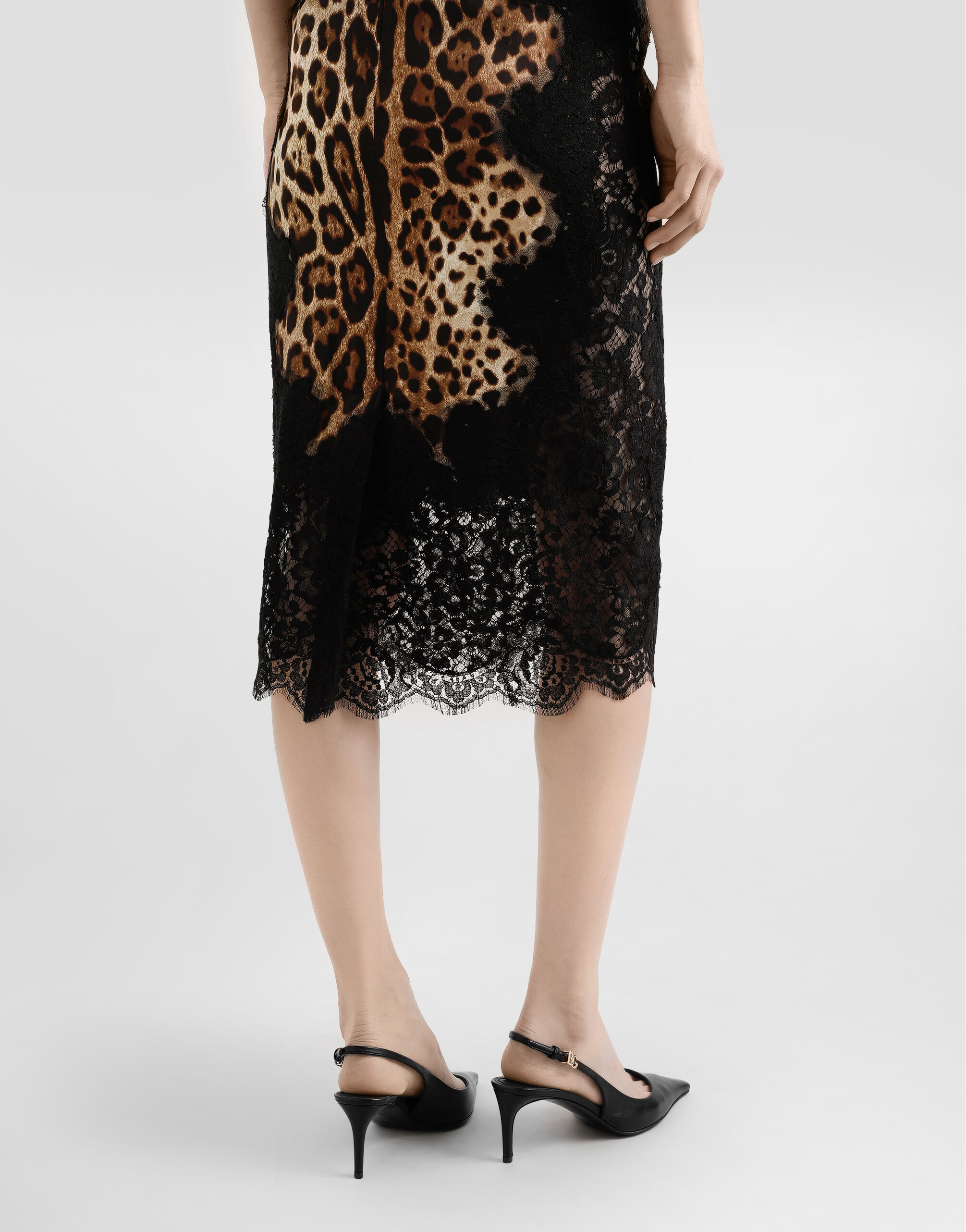Leopard-print satin midi skirt with lace inserts in Multicolor for