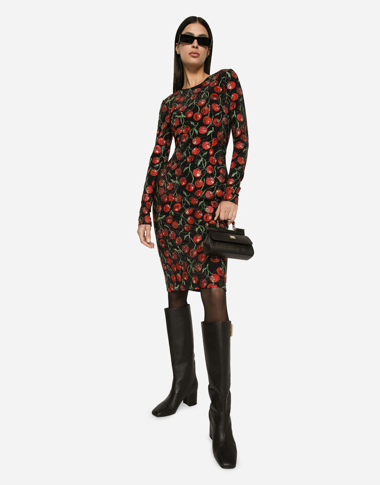 Dolce&Gabbana Cherry-print jersey midi dress with fusible rhinestones Multicolor F6CPQZGDBV6