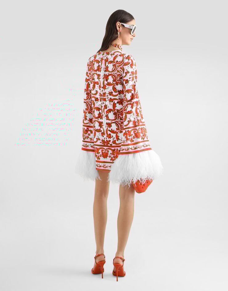 Dolce & Gabbana Majolica-print charmeuse dress with feather trim Multicolor F6ZW4ZGDDRJ