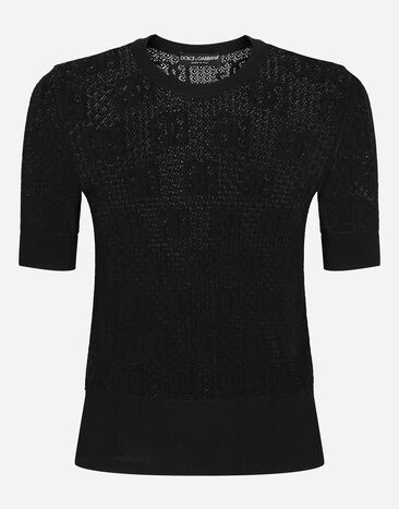 Dolce & Gabbana Jersey de manga corta en punto de encaje logotipo DG Black FXD70TJAIEK