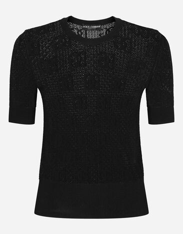 Dolce & Gabbana Short-sleeved lace-stitch sweater with DG logo White FXJ16TJEMO7
