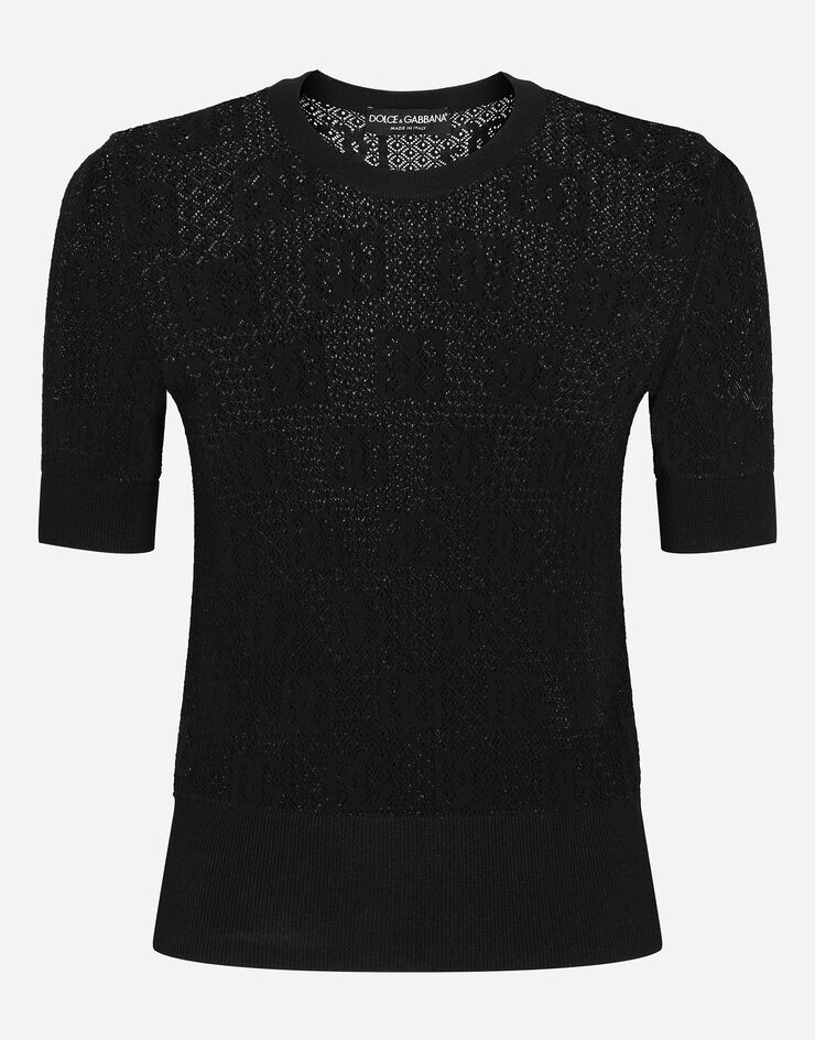 Dolce & Gabbana Short-sleeved lace-stitch sweater with DG logo Black FXD70TJAIEK