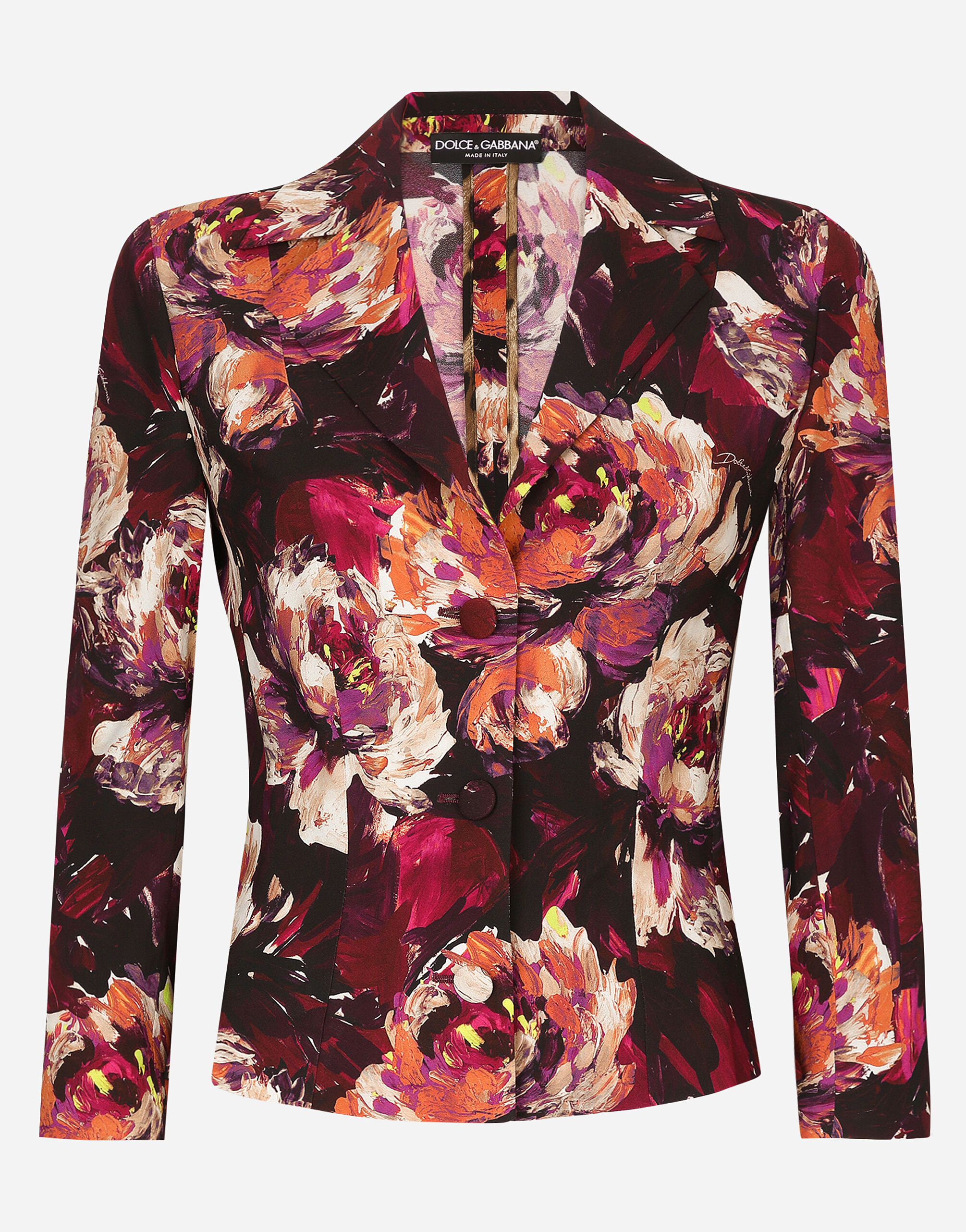 Dolce & Gabbana Short cady jacket with peony print Black F29MCTFUBE7