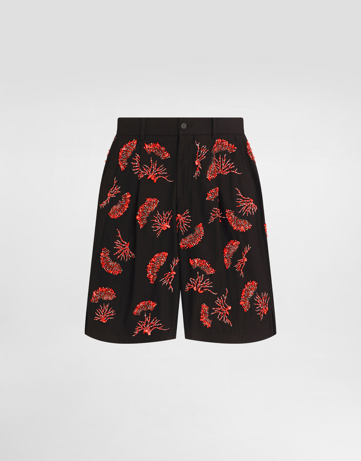Dolce & Gabbana Bermudas de sarga de algodón con bordado de corales Negro GP10FZFU6X8