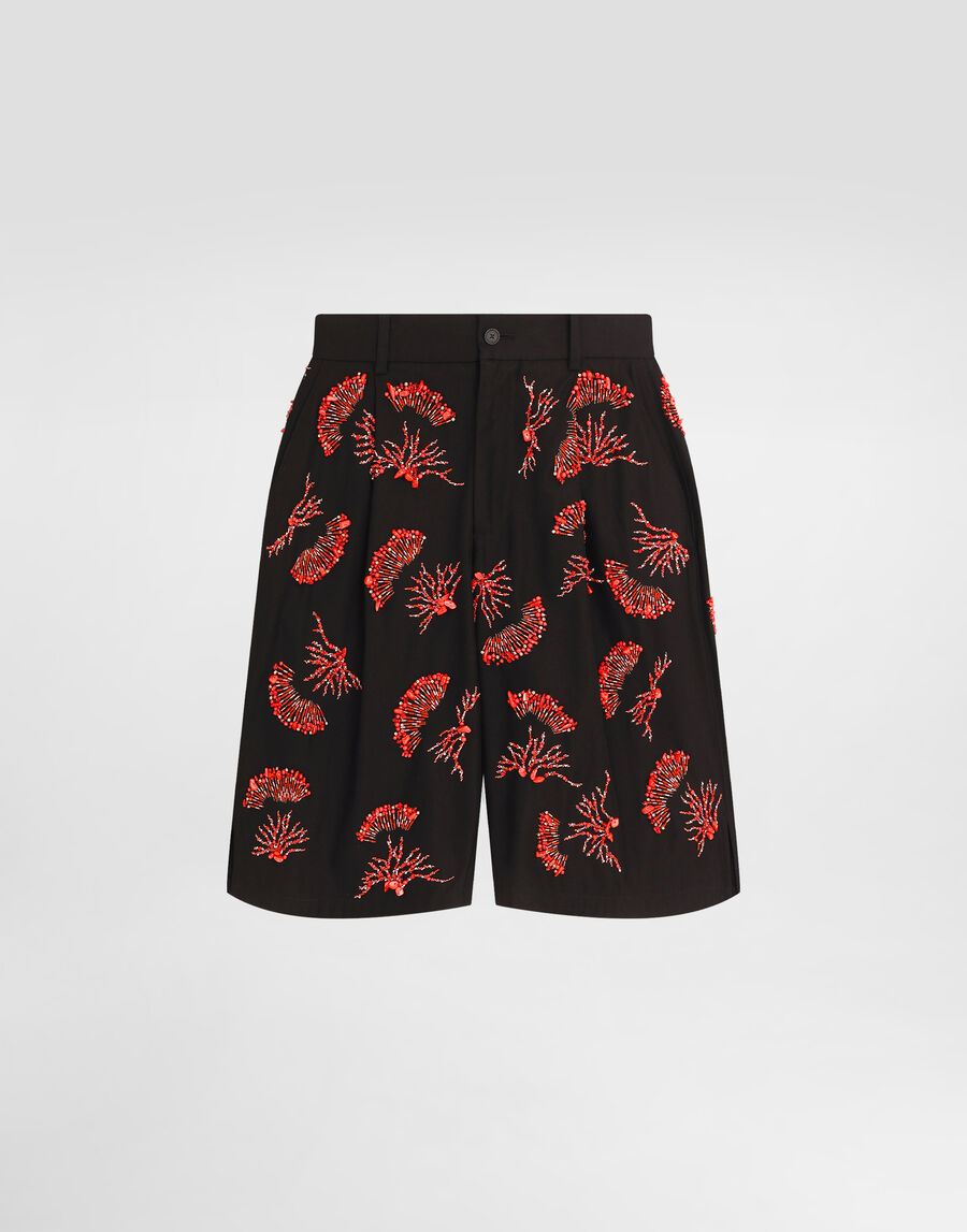 Cotton twill shorts with coral embroidery