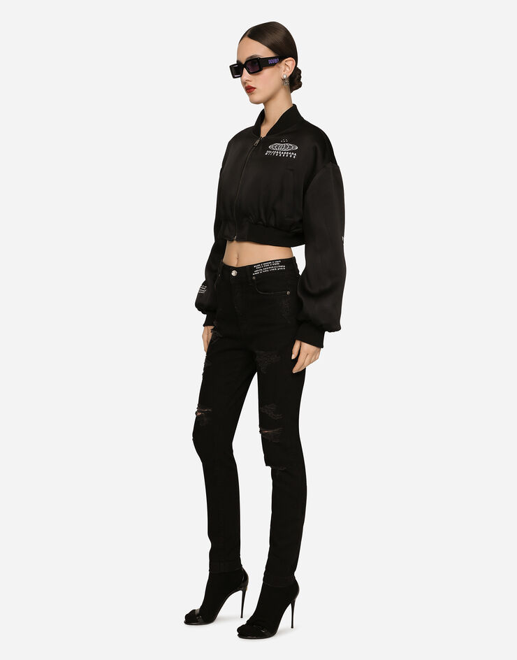 Dolce & Gabbana Short satin bomber jacket with DGVIB3 print Black F9R07TGDB0Q