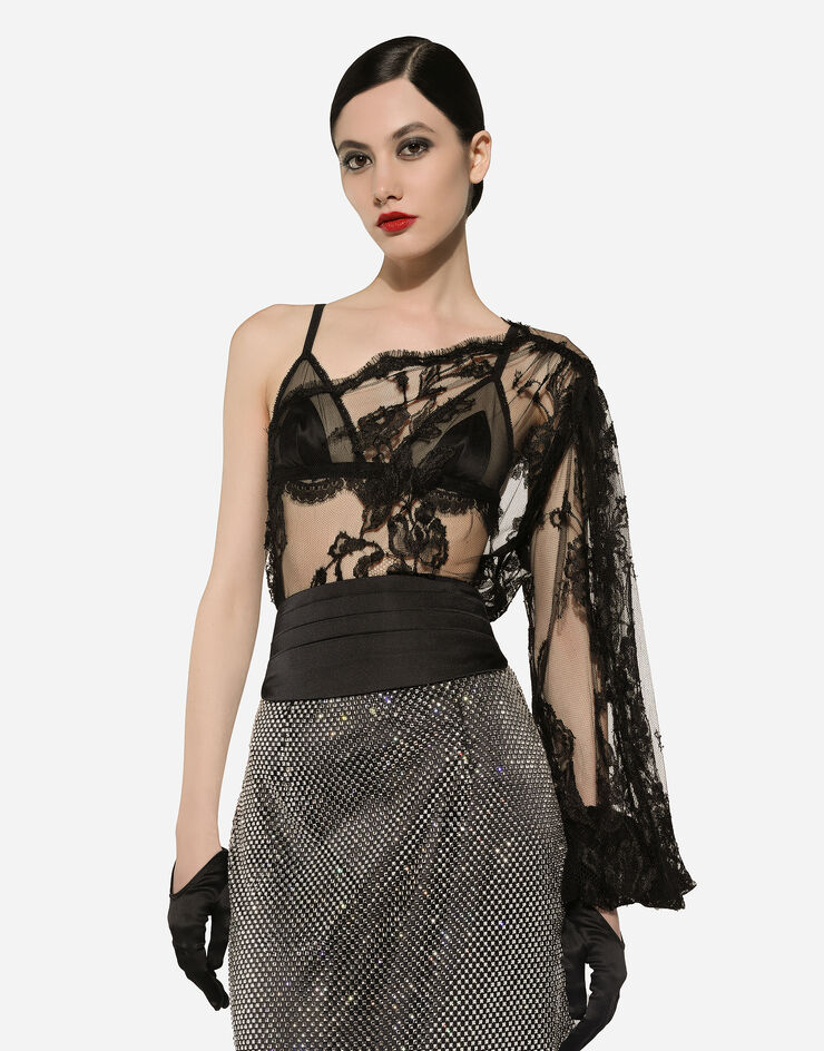 Dolce & Gabbana One-Shoulder-Bluse aus Chantilly-Spitze Schwarz F7AI3THLMAA