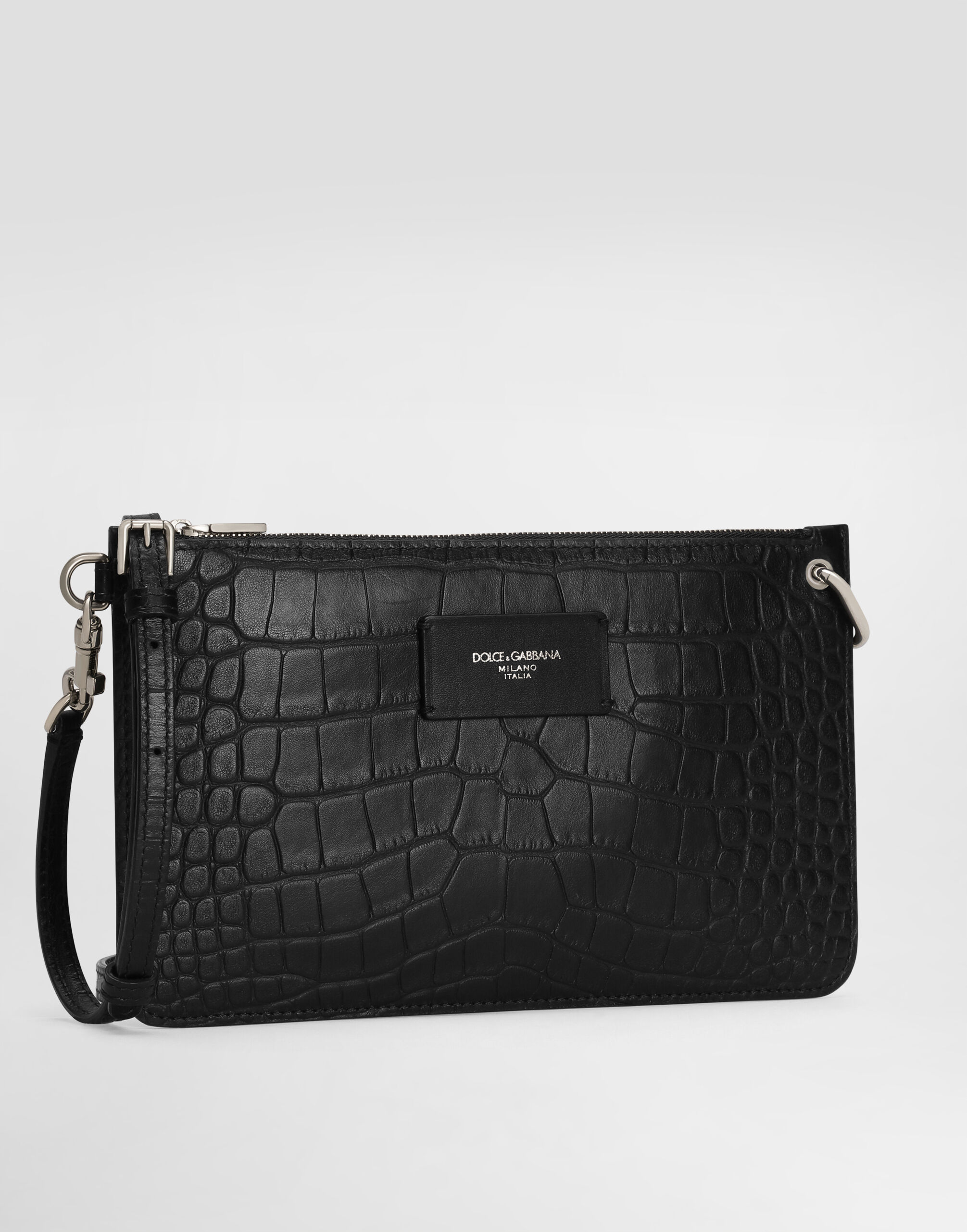 Crocodile-print calfskin toiletry bag in Black for Men