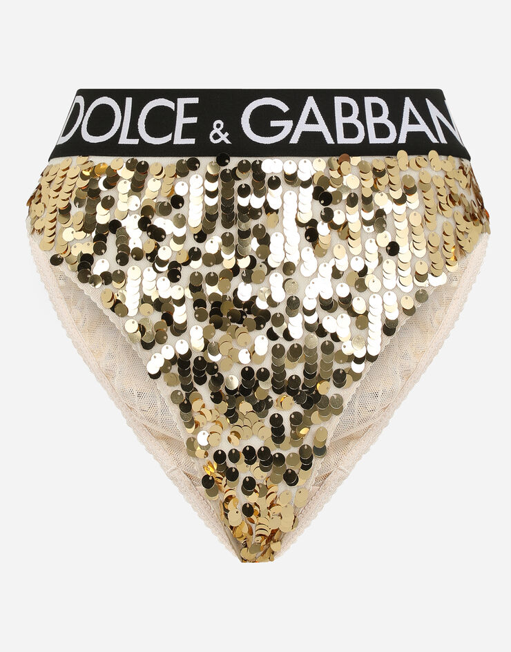 Dolce & Gabbana 로고 스트레치 밴드 시퀸 하이 웨이스트 브리프 골드 O2C15TFLSA8