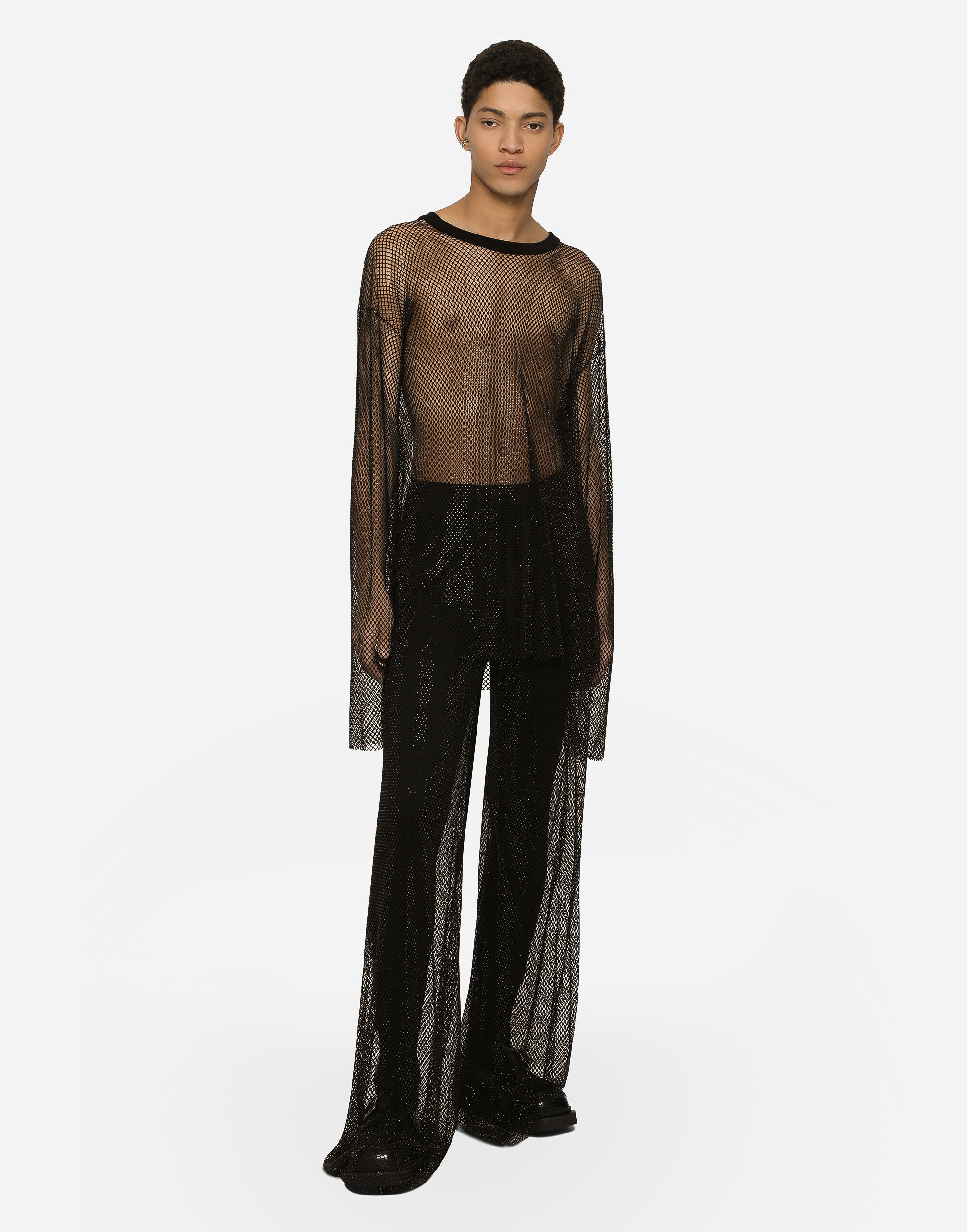 Wide leg mesh pants with crystals in Black for Men Dolce Gabbana