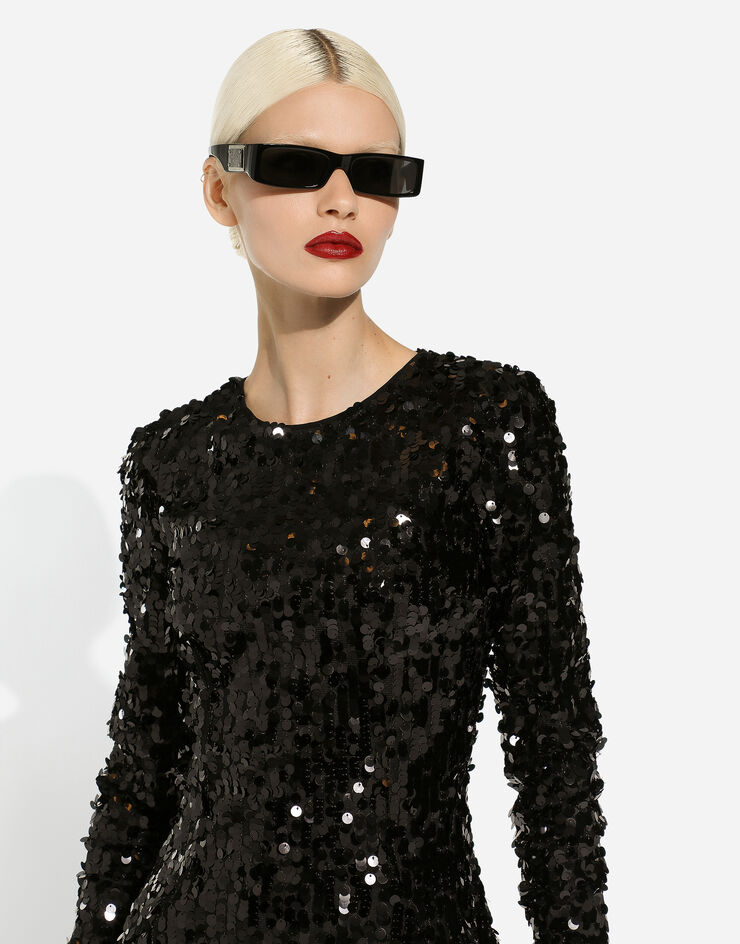 Dolce & Gabbana فستان قصير بأكمام قصيرة وترتر أسود F6DHCTFLSA8