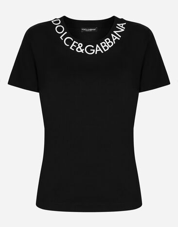 Dolce & Gabbana 로고 자수 네크라인 저지 티셔츠 화이트 F8T00ZG7H1Z