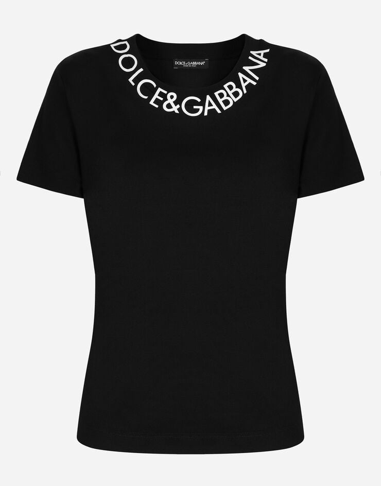 Dolce & Gabbana T-Shirt aus Jersey mit Logostickerei am Kragen Schwarz F8T00ZFUGK4