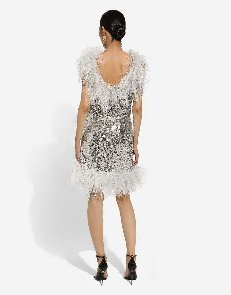 Dolce & Gabbana Short sequined wrap dress with feather trims Silver F6DKWTHLMZM