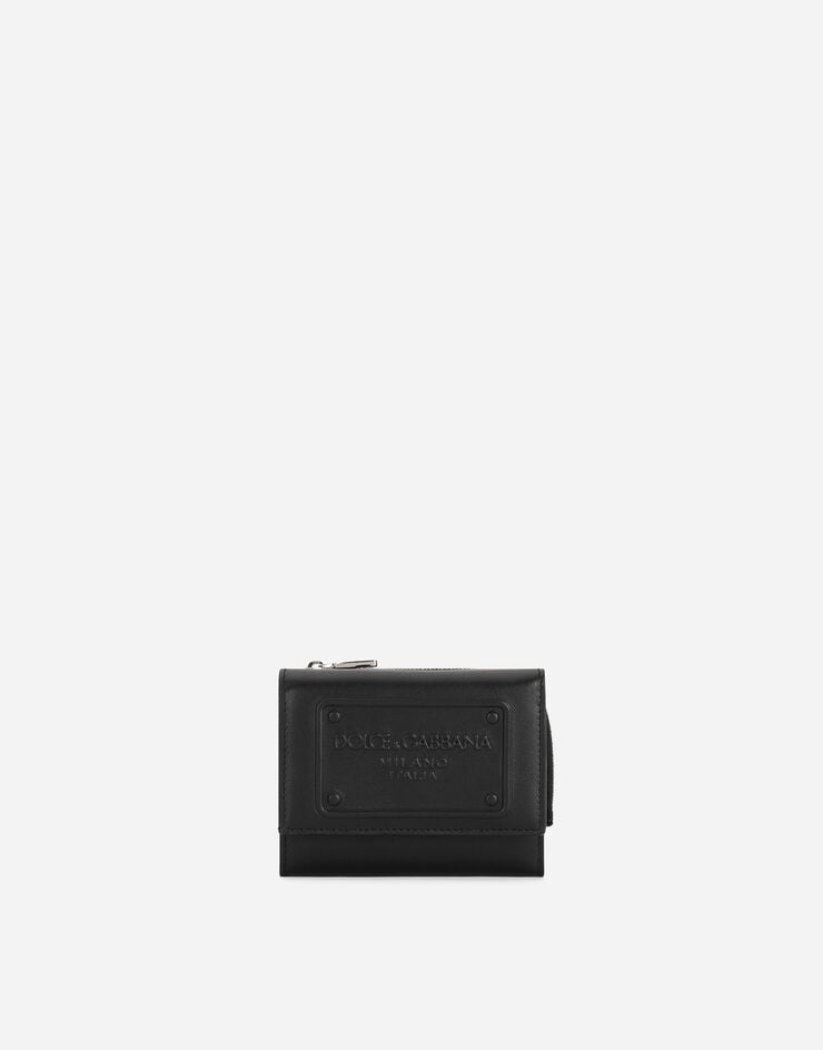 Dolce&Gabbana Portefeuille français à rabat en cuir de veau avec logo en relief Noir BP3271AG218