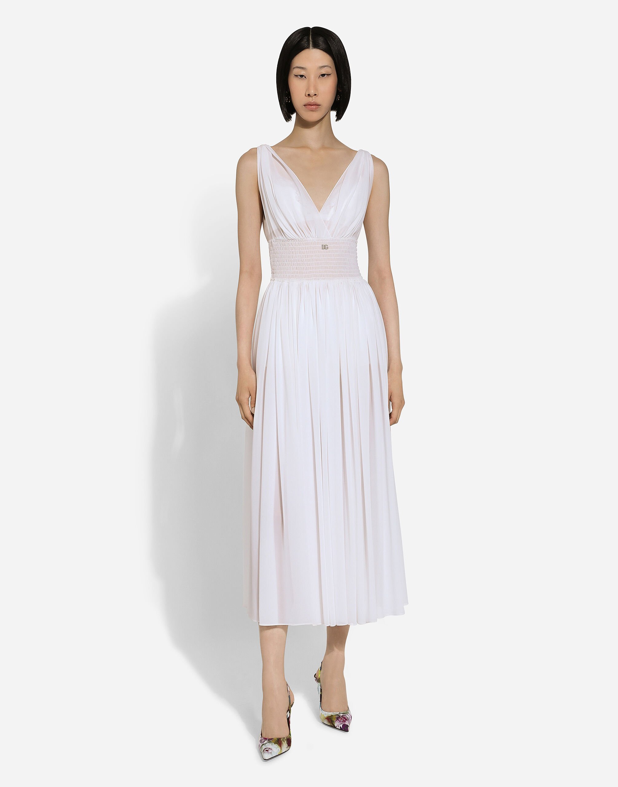 V-neck midi dress in silk georgette in White for Women