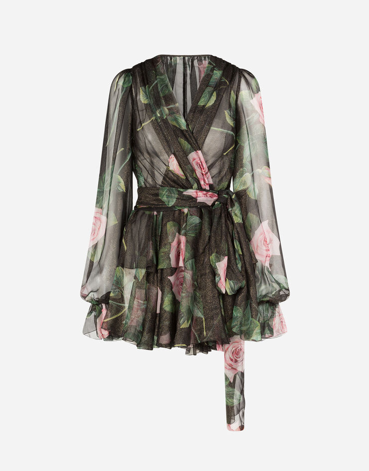 Dolce & Gabbana SHORT TROPICAL ROSE PRINT CHIFFON LAMÉ DRESS STAMPA FLOREALE F6H9OTHS19W